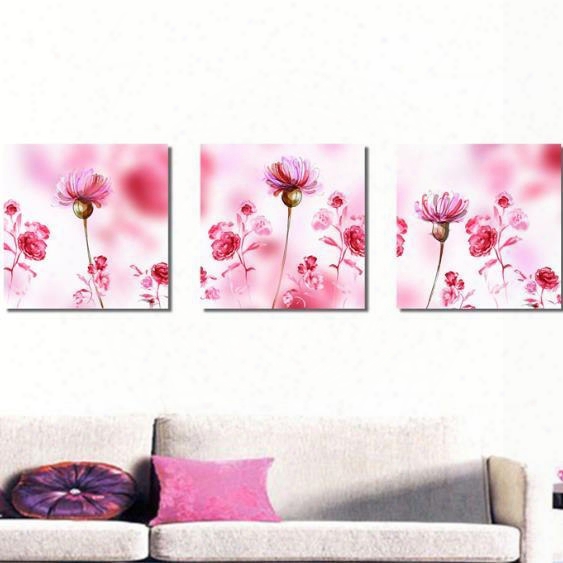 New Arrival Gorgeous Pink Flowers Painting Print 3-piece Cross Film Wall Art Prints