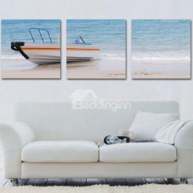 New Arriival Lovely Boat On The Beach Print 3-piece Cross Film Wall Art Prints