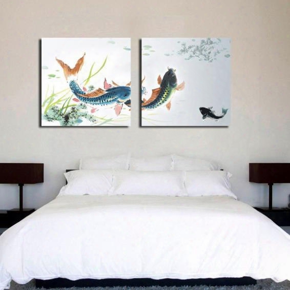 New Arrival Lovely Carp In The River Print 2-piece Cross Film Wall Art Prints