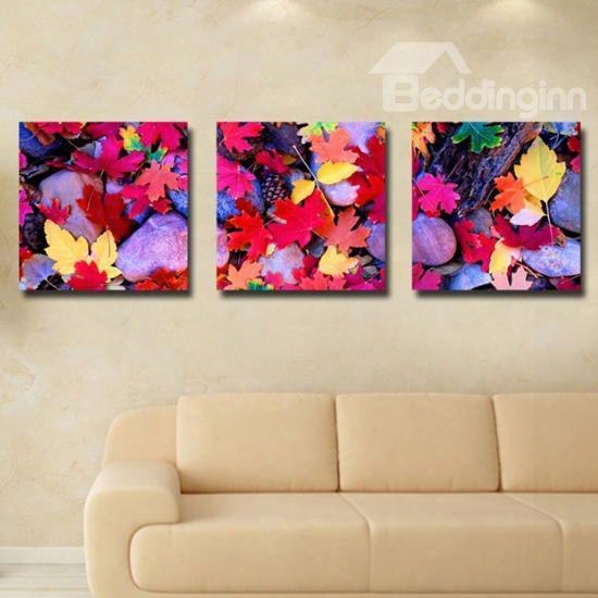 New Arrival Lovel Ycolorful Maple Leaves Print 3-piece Cross Film Wall Art Prints