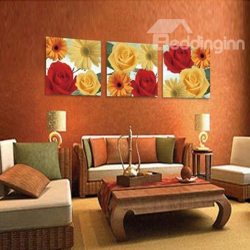 New Arrival Lovely Colofful Roses And Lilies Print 3-piece Cross Film Wall Art Prints