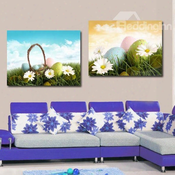 New Arrival Lovely Daisy And Colorful Eggs Print 2-piece Cross Film Wall Art Prints
