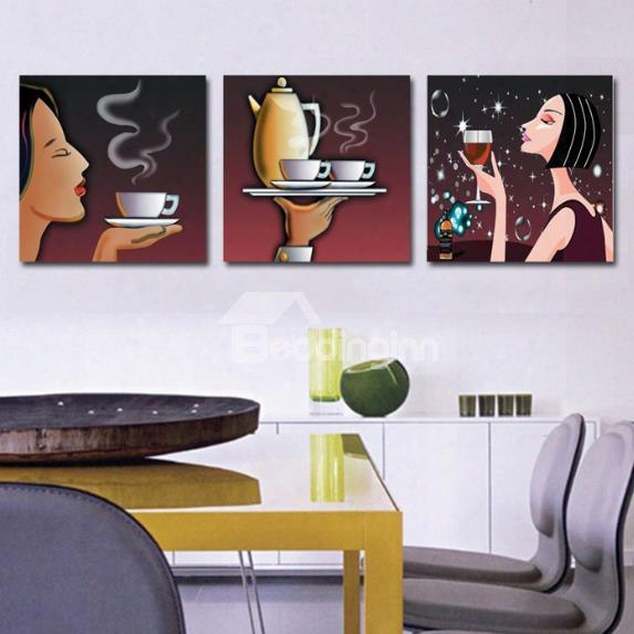 New Arrival Lovely Lady Drinking Wine And Tea Print 3-piece Cross Film Wall Art Prints