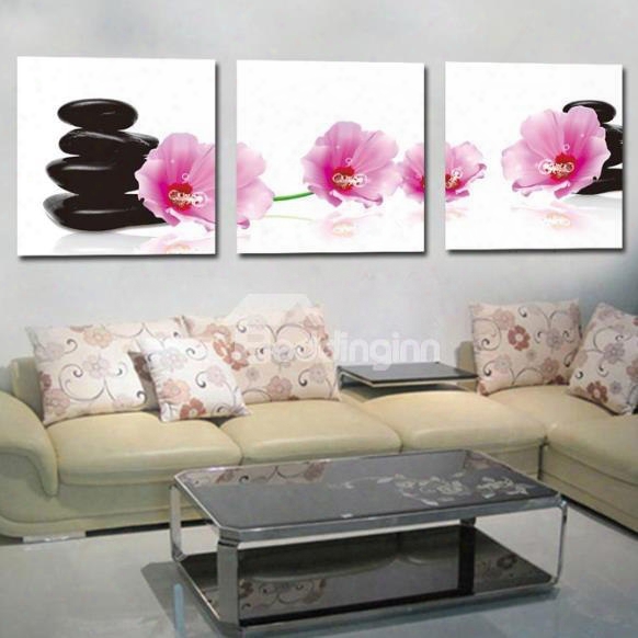 New Arrival Ovely Pink Flowers And Black Cobblestones Print 3-piece Cross Film Wall Art Prints