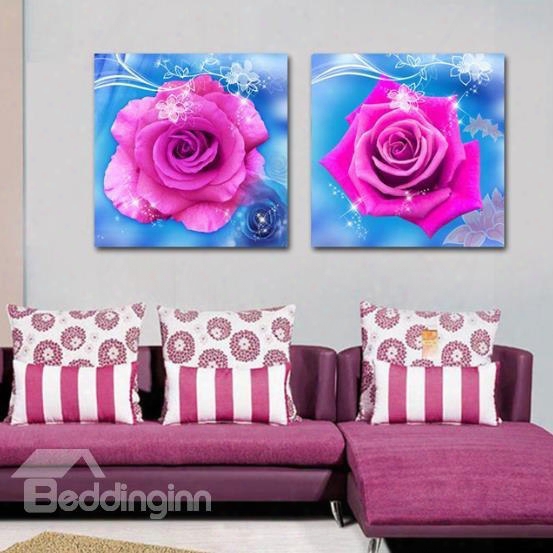 New Arrival Lovely Pink Roses Blue Borders Print 2-piece Cross Film Wall Art Prints