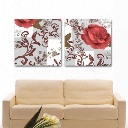 New Arrival Lovely Red Flowers And Brown Patterns Print 2-piece Cross Film Wall Art Prints