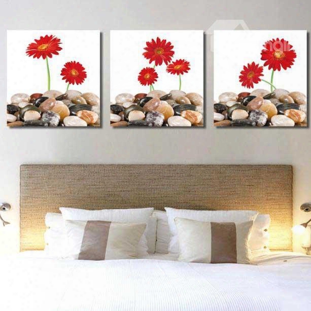 New Arrival Lovely Red Flowers And Cobblestones 3-piece Cross Film Wall Art Prints