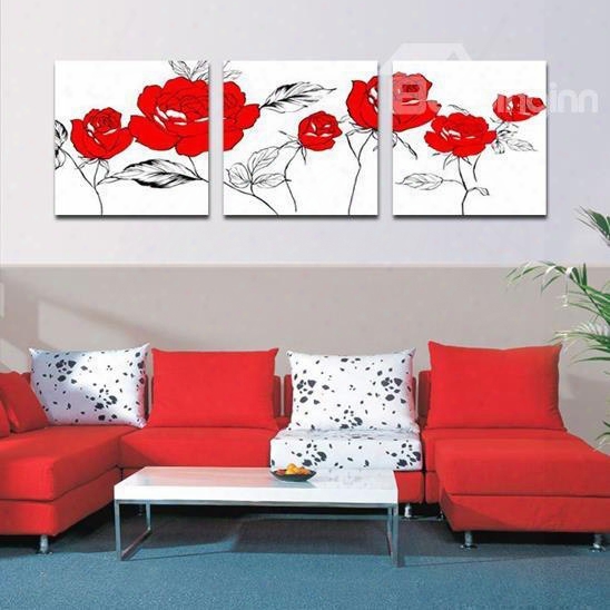 New Arrival Lovely Red Flowers Print 3-piece Cross Film Wall Art Prints