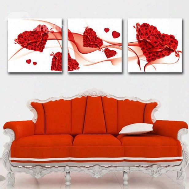 New Arrival Lovely Red Roses In Heart Shape Print 3-piece Cross Film Wall Art Prints
