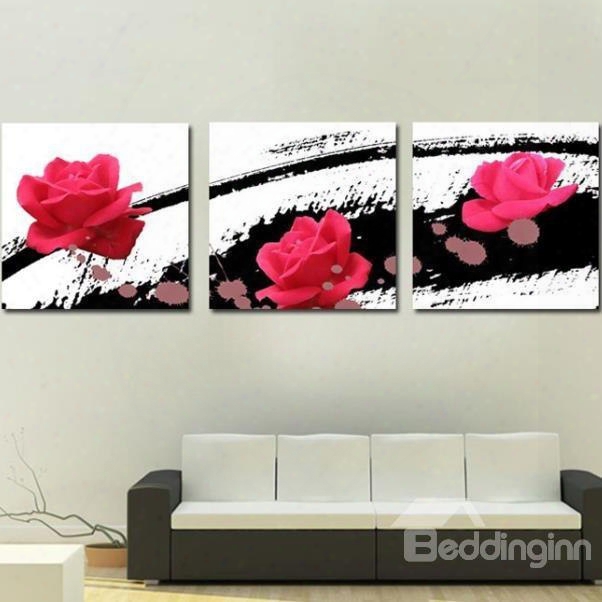 New Arrival Lovely Rose And Black Patterns Print 3-piece Cross Film Wall Art Prints