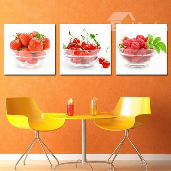 New Arrival Lovely Strawberries And Cherries In The Bowl Print -piece Cross Film Wall Art Prints