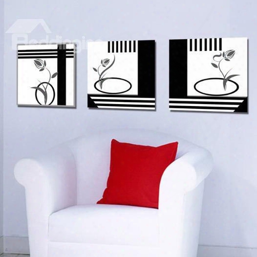 New Arrival Modern Black Stick Figure Of Flowers Print 3-piece Cross Film Wall Art Prints