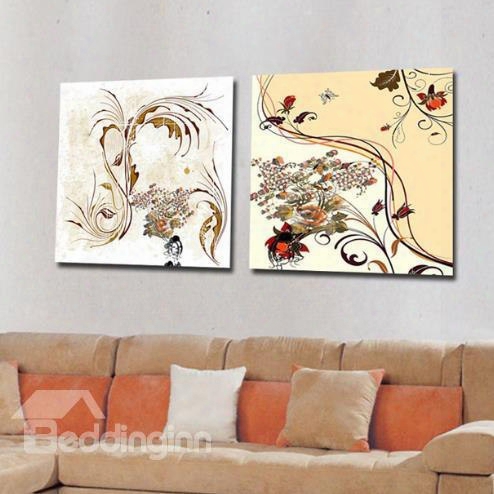 New Arrival Modern Style Abstract Leaves And Flowers Print 2-piece Cross Film Beige Wall Art Prints