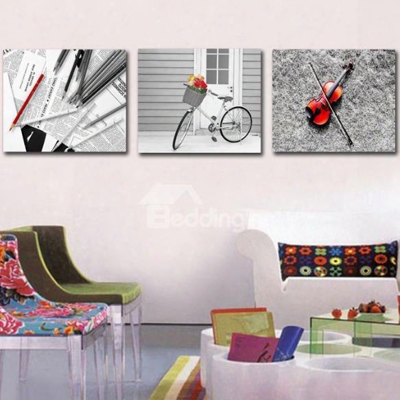 New Arrival Modrn Style Lovely Bike And Violin Print 3-piece Cross Film Wall Art Prints