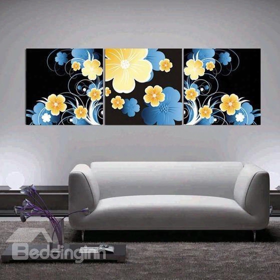 New Arrival Modern Style Lovely Blue And Yellow Lfowers Print 3-piece Cross Film Wall Art Prints