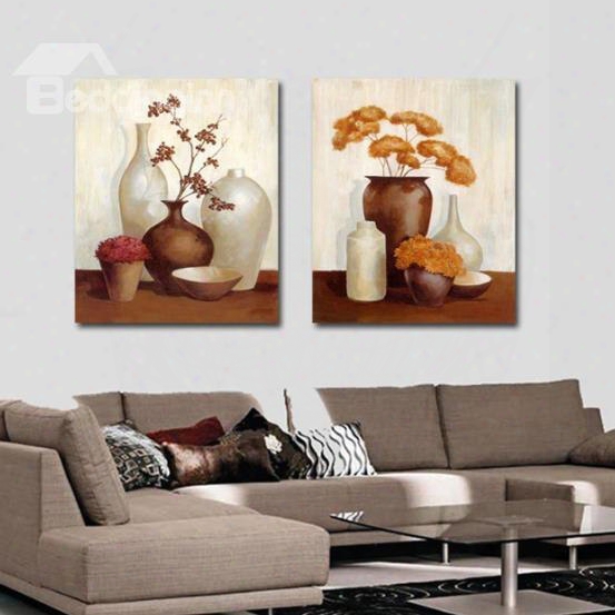 New Arrival Oil-painting Style Lovely Brown And White Vases Print 2-piece Cross Film Wall Art Prints