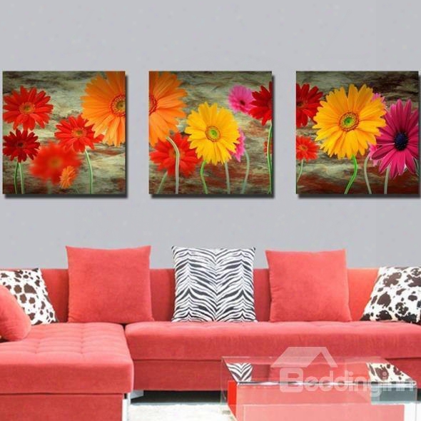New Arrival Oil-painting Style Lovely Daisy Flowers Print 3-piece Cross Film Wall Art Prints
