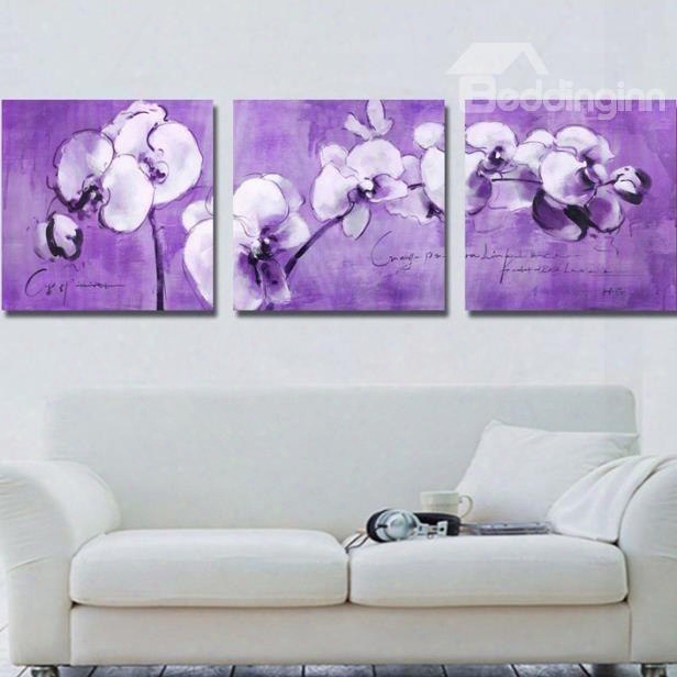 New Arrival Romantic Purple Flowers And Letters Print 3-piece Cross Film Wall Art Prints