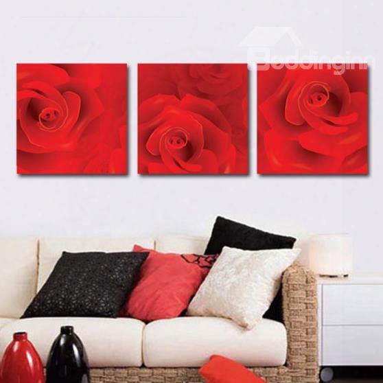 New Arrival Romantic Red Rose Print 3-piece Cross Film Wall Art Prints
