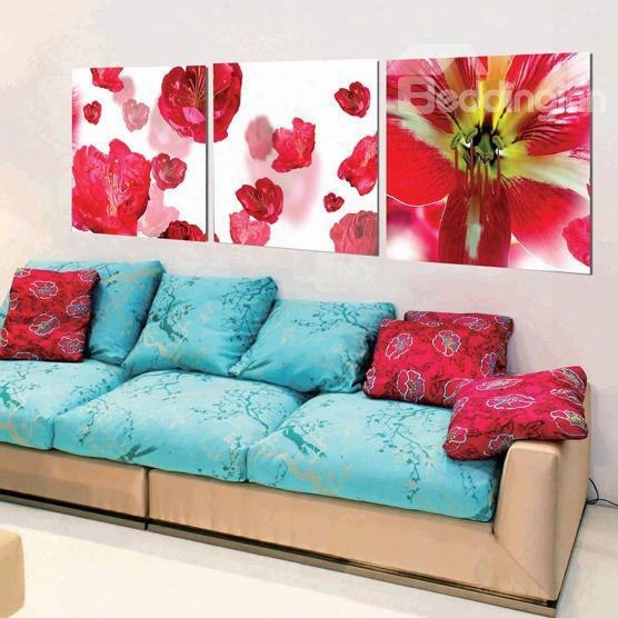 New Arrival Stunning Red Flowers And Stamen Print 3-piece Cross Film Wall Art Prints