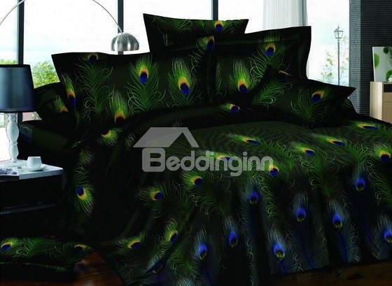 Pastoral Green 4-piece Peacock Feathers Printed All Cotton Bedding Sets