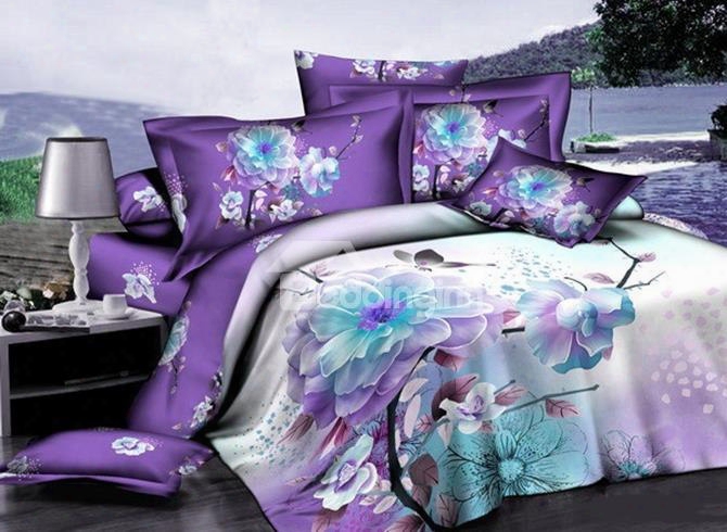 Purple Magnolia 3d Printed Cotton 4-piece Bedding Sets/duvet Covers