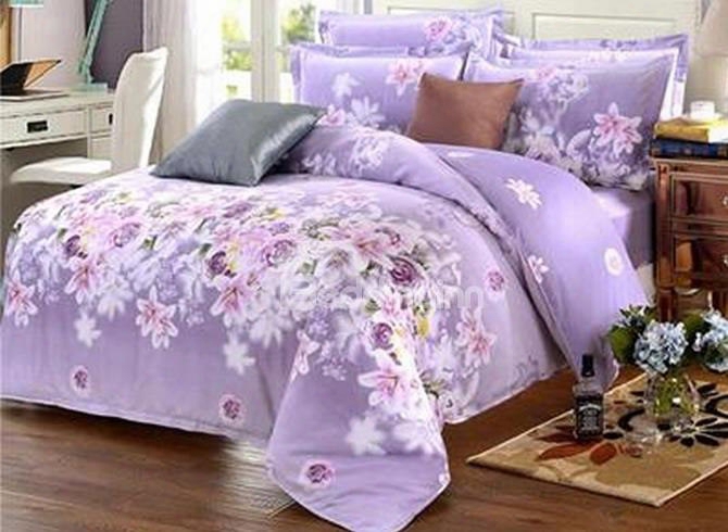 Purple Rose And Lily Print Cotton 4-piece Bedding Sets