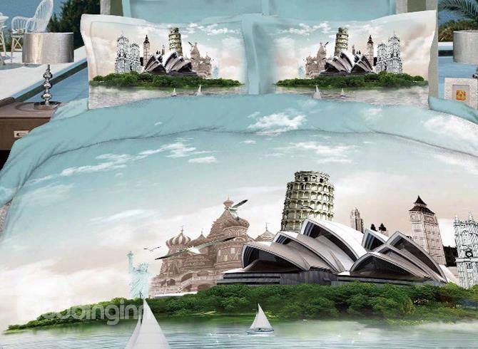 Retro Fashion Sydney Opera House & Leaning Tower Famous Building Print 3d 4 Piece Dvet Cover/bedding Sets