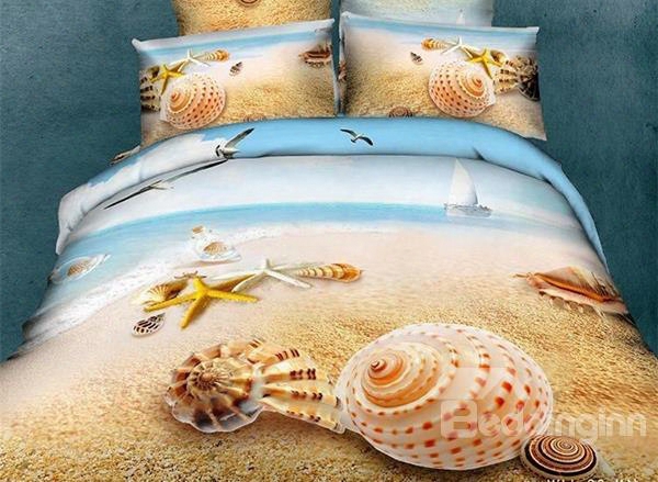 Starfish And Shell 3d Printed Mediterranean Style Cotton 4-piece Bedding Sets