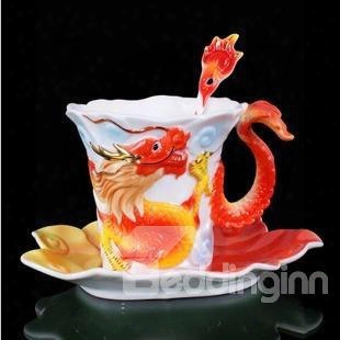 Unique Porcelain Enamel Dragon Coffee Cup Set