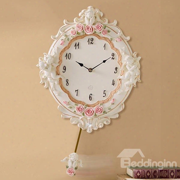 White Cute Resin Angel Cupid And Roses Design Decorative Wall Clock