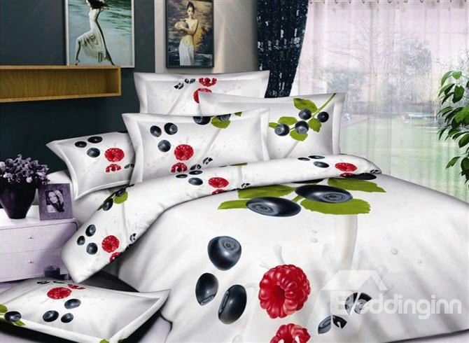 White Printed With Fruit And Greenery 4 Piece Bedding Sets