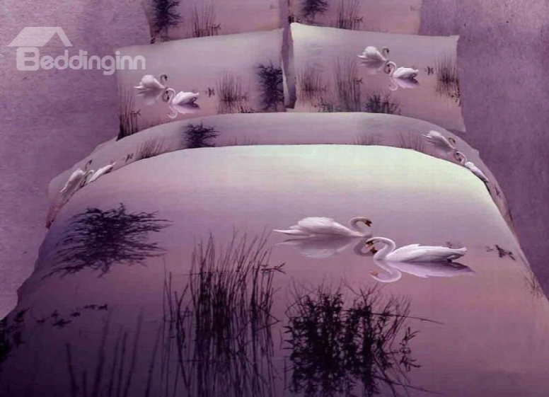 White Swan In The Lkae Print 4 Piece Bedding Sets