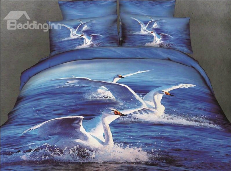 White Swans And Ocean Scene Blue Color 4 Piece Bedding Sets/duvet Cover Sets