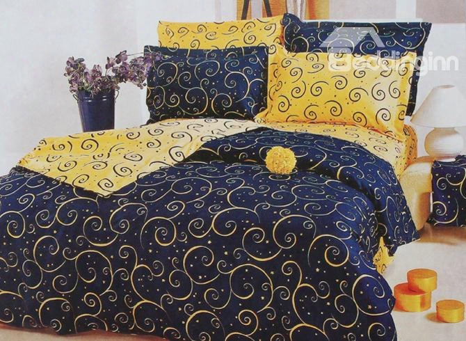 Yellow Swirls Pattern Luxury Style Blue Cotton 4-piece Bedding Sets/duvet Cover