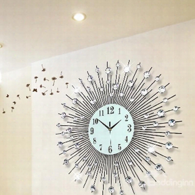 24*24in White Round Noctilucent Dial Iron And Diamonds Handmade Battery Hanging Wall Clock