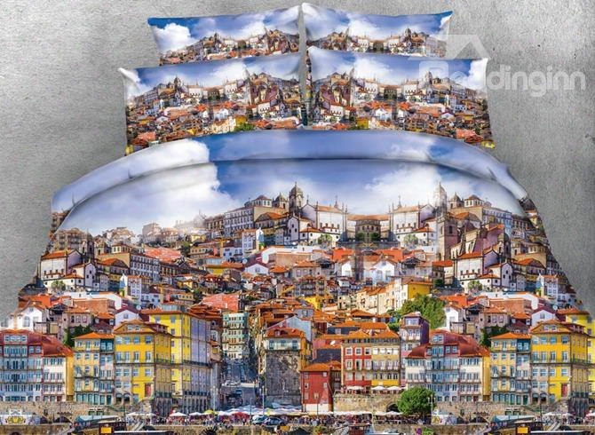 3d Busy Porto City Printed Cotton 4-piece Bedding Sets/duvet Covers