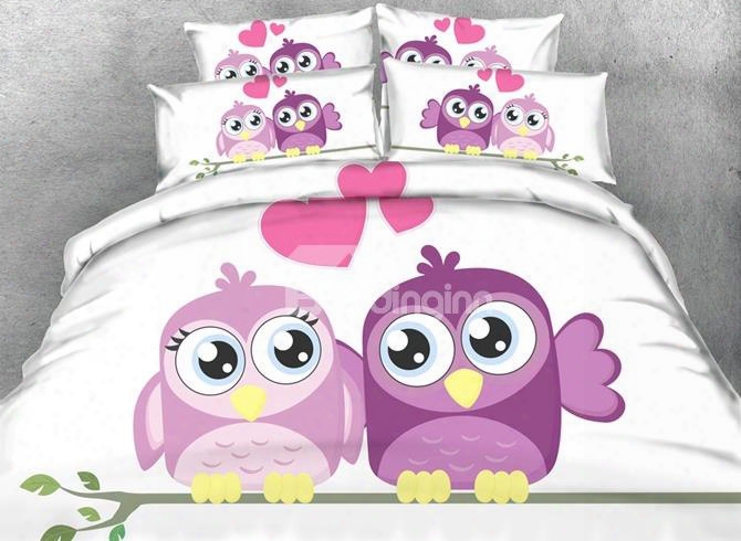 3d Cartoon Owl Printed Cotton 4-piece White Bedding Sets/duvet Covers