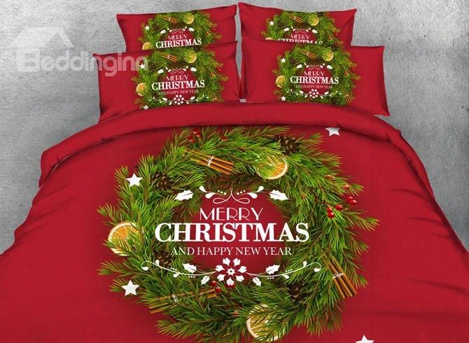 3d Christmas Wreath Printed Cotton 4-piece Red Bedding Sets/duvet Covers