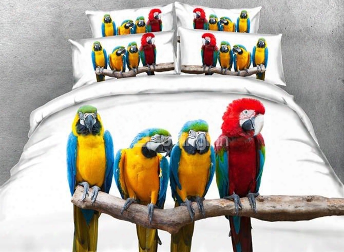 3d Colorful Parrots Printed Cotton 4-piece White Bedding Sets/duvet Covers