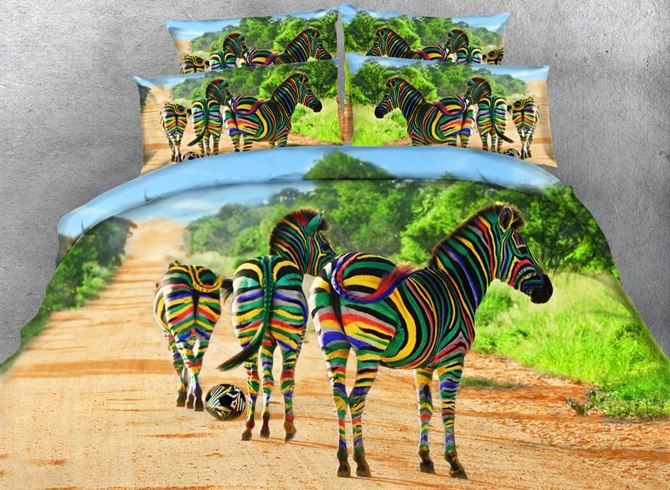 3d Colorful Zebra Printed Cotton 4-piece Bedding Sets/duvet Covers