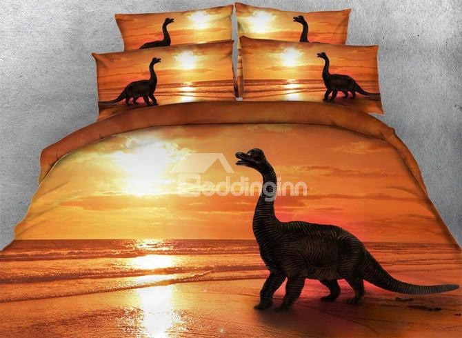 3d Dinosaur At Sunset Printed Cotton 4-piece Bedding Sets/duvet Covers