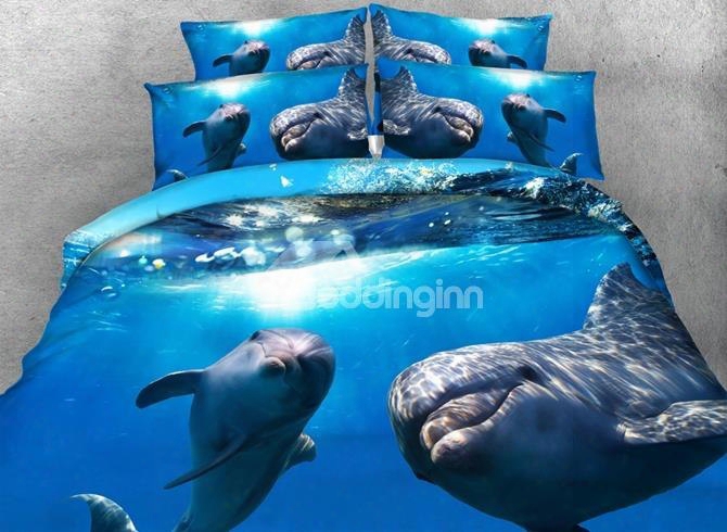 3d Dolphin Under The Sea Printed 4-piece Blue Bedding Sets/duvet Covers