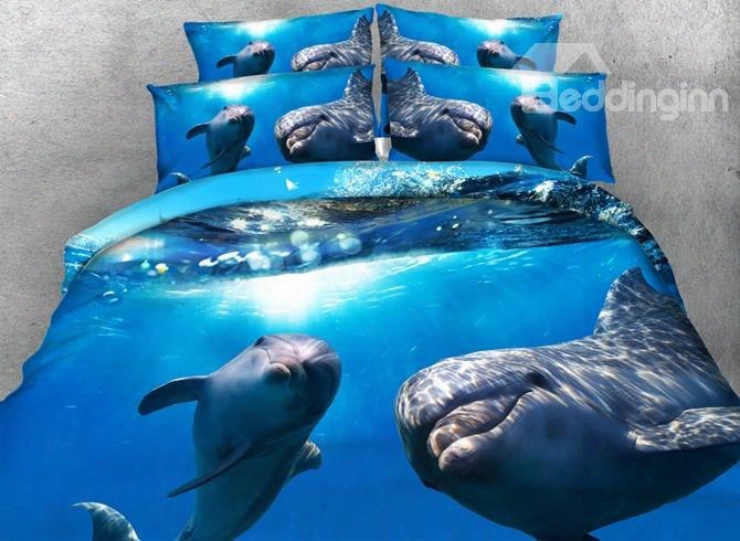 3d Dolphin Under The Sea Printed Blue 5-piece Comforter Sets