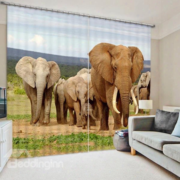 3d Elephants Printed Thick Polyester Cotton Animals Scenery Custom Shading Curtain