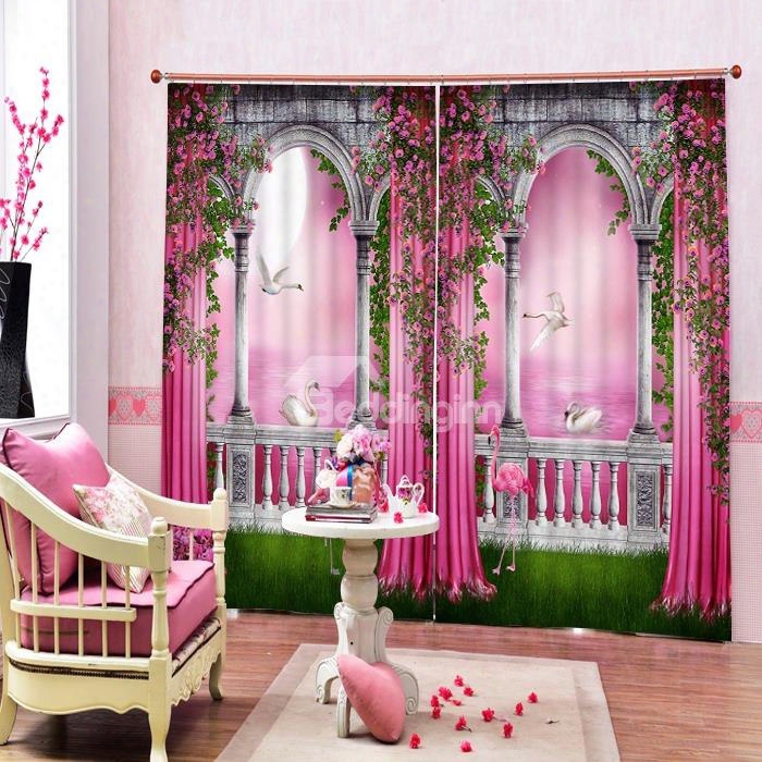 3d Flowers And Swans In Pink World Printed Romantic Style Custom Curtain For Living Room