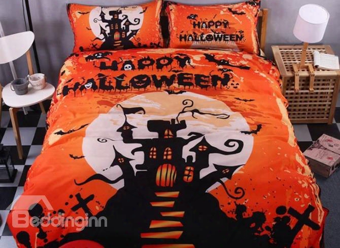 3d Happy Halloween And Castl Printed Polyester 4-piece Bedding Sets/duvet Covers