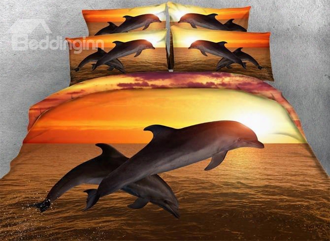 3d Leaping Dolphin At Sunset Printed Cotton 4-piece Bedding Sets/duvet Covers