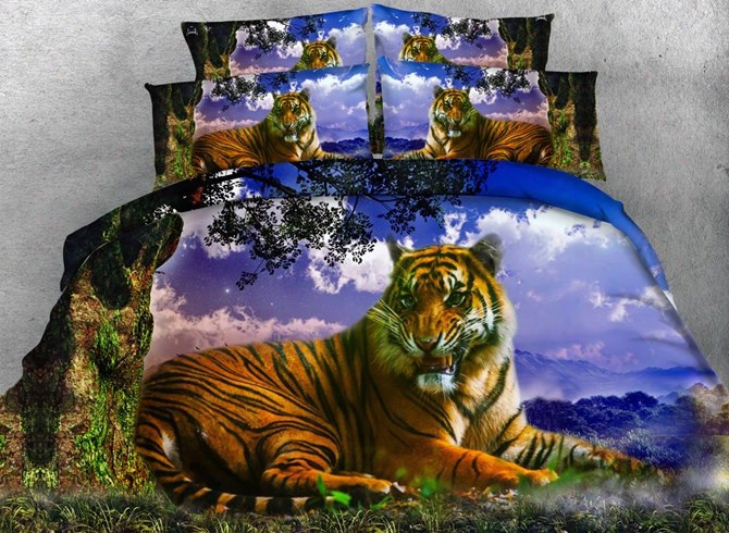 3d Lying Tiger And Tree Printed Cotton 4-piece Bedding Sets/duvet Covers