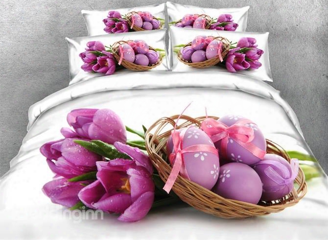 3d Pur Ple Tulips And Easter Eggs Printed Cotton 4-piece White Bedding Sets